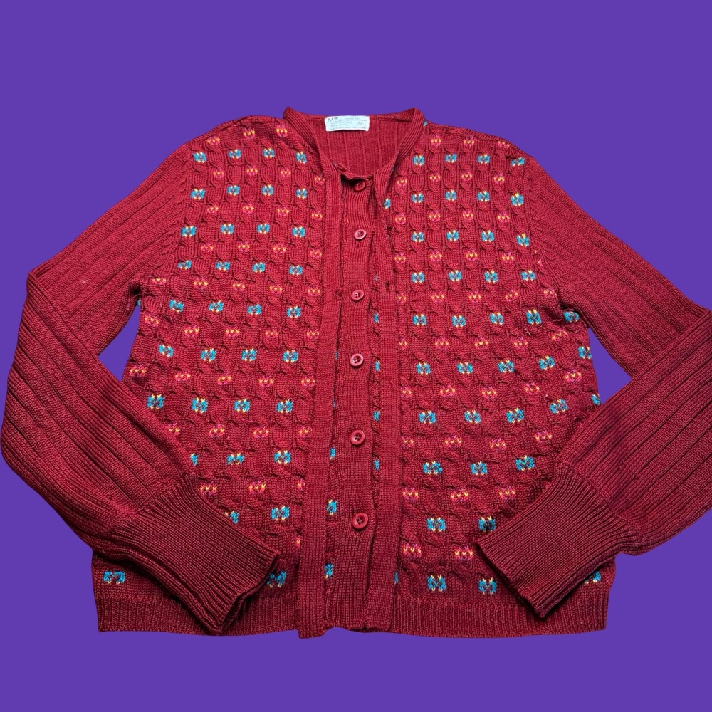 Montgomery Ward Cardigan Sweater Size 40 Red Wool Blend Geometric Knit Button